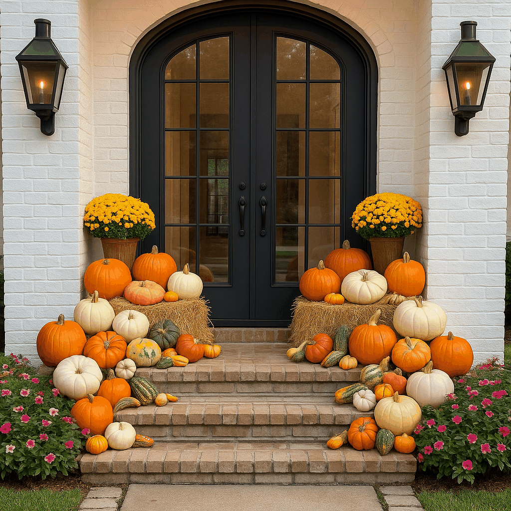 Luxury porch decorated with assorted large and medium pumpkins, white pumpkins, gourds, hay bales, and yellow mums arranged on brick steps with black double doors and wall lanterns.