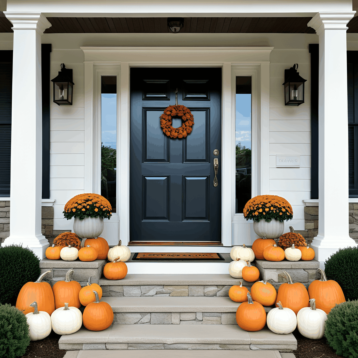 Standard porch package with large and medium pumpkins, white cotton candy pumpkins, pie pumpkin, specialty pumpkins, straw bale, mum, and mini gourds decorating a small porch.