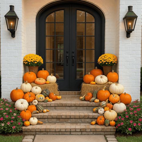 Luxury porch decorated with assorted large and medium pumpkins, white pumpkins, gourds, hay bales, and yellow mums arranged on brick steps with black double doors and wall lanterns.
