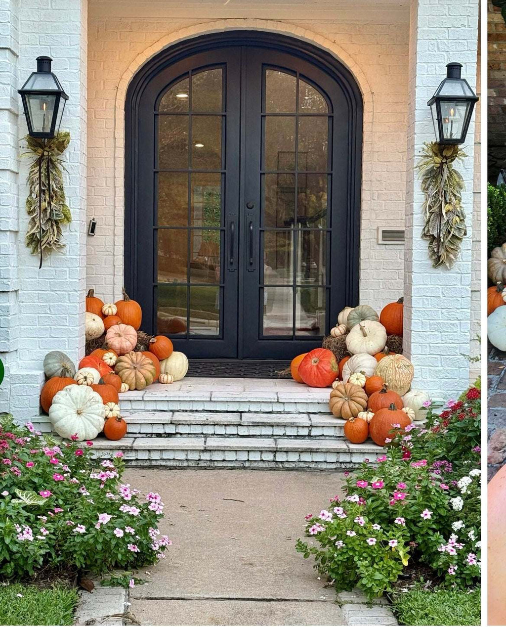 Halloween porch decorated with assorted large, medium, cotton candy, pie, and specialty pumpkins, hay bale, mums, and gourds for Premium Porch Package