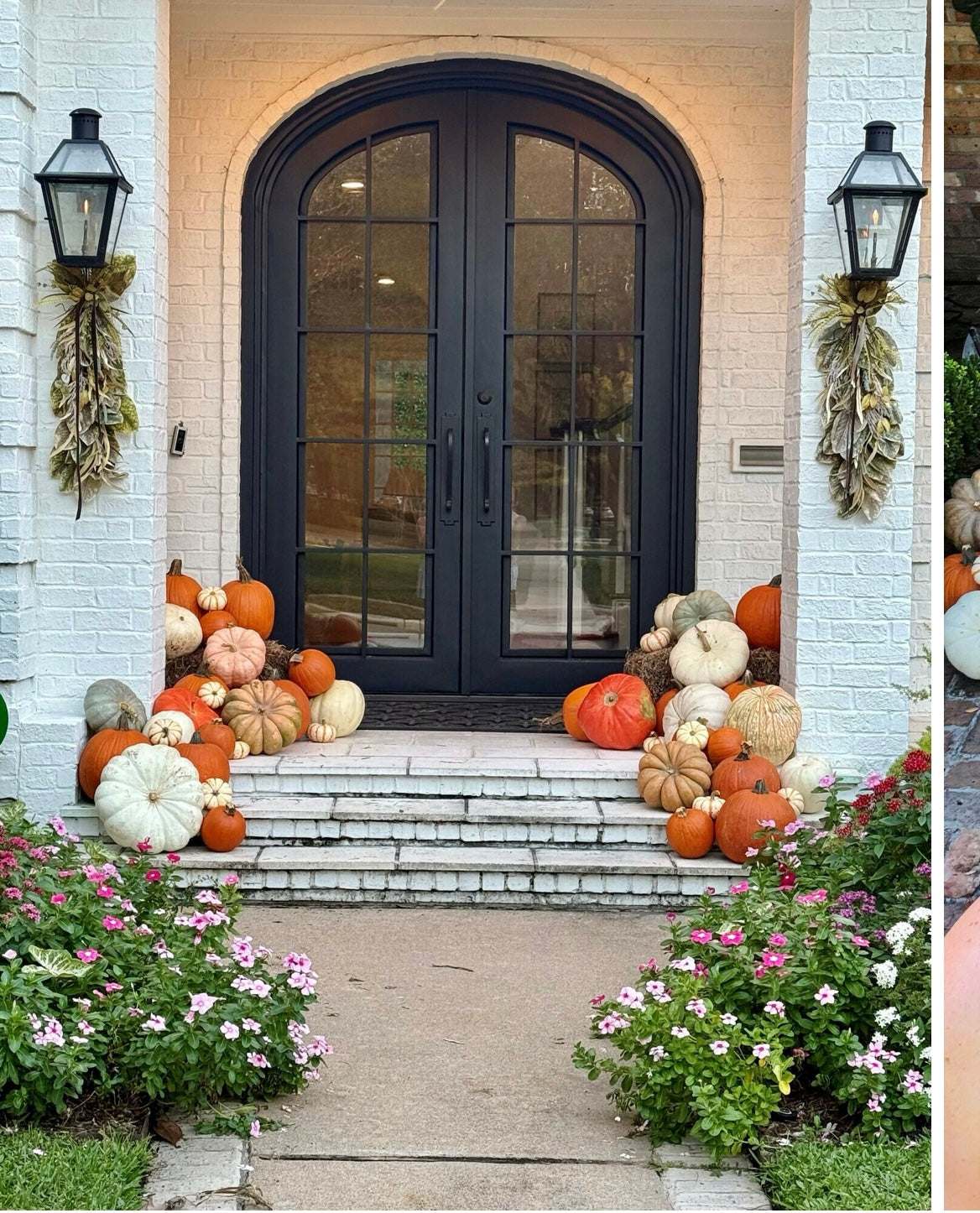 Halloween porch decorated with assorted large, medium, cotton candy, pie, and specialty pumpkins, hay bale, mums, and gourds for Premium Porch Package