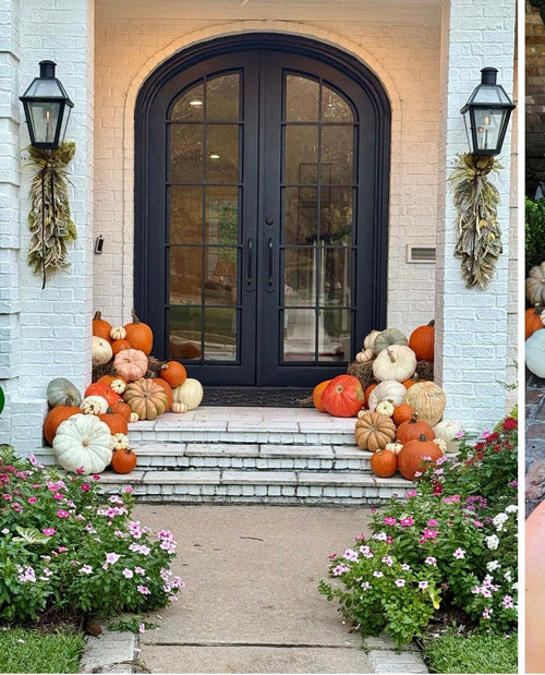 Halloween porch decorated with assorted large, medium, cotton candy, pie, and specialty pumpkins, hay bale, mums, and gourds for Premium Porch Package